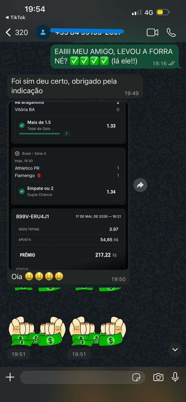 Conversa no WhatsApp: aposta de R$54,65 virou prêmio de R$217,22