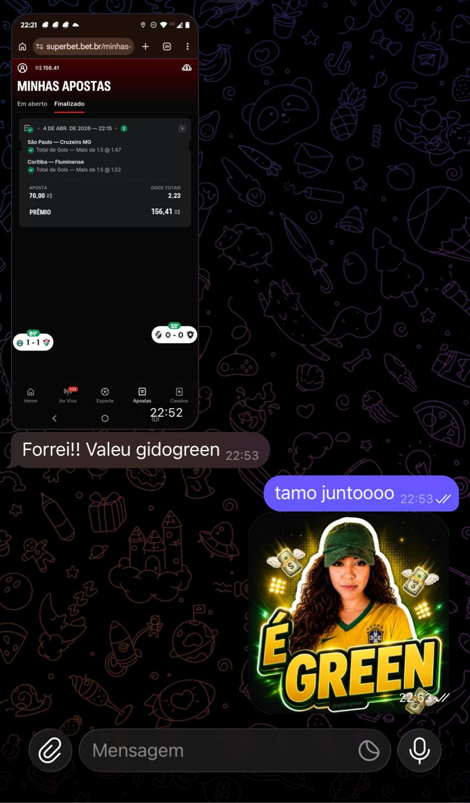 Conversa no WhatsApp: aposta de R$70,00 virou prêmio de R$156,41